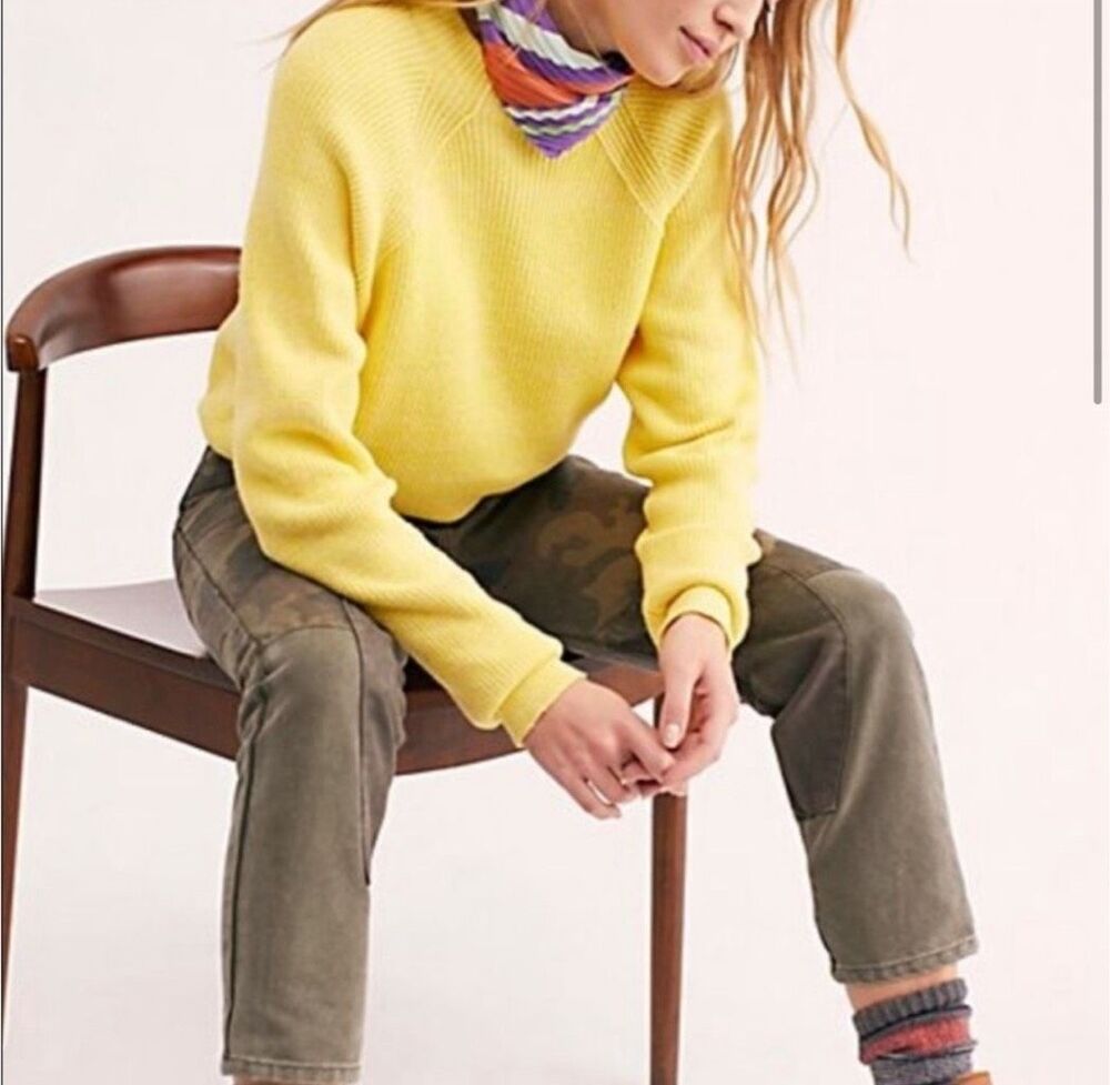 Free People Too Good Yellow Ribbed Relaxed Casual Mock Neck Sweater Size XS